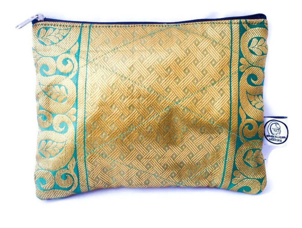 Sari Zipper Pouch, Wallet, Coin Purse, Gold And Green, 1 of 12