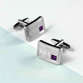 Engraved Rhodium Plated Birthstone Crystal Cufflink Set, 5 of 12