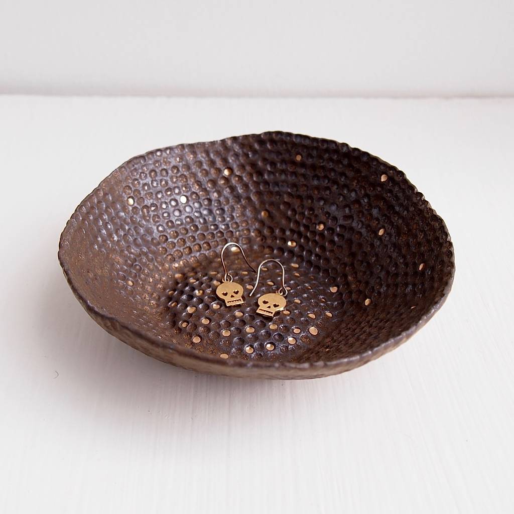 handmade black/gold textural ring dish with gold dots by