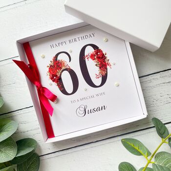 Personalised 60th Birthday Card. In Red With Flowers, 2 of 6