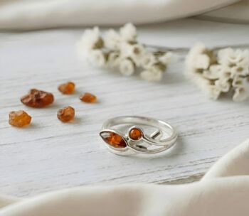 Handmade Sterling Silver And Baltic Amber Double Stone Leaf Ring, 2 of 3