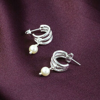 Silver Plated Triple Hoop Pearl Earrings, 3 of 6