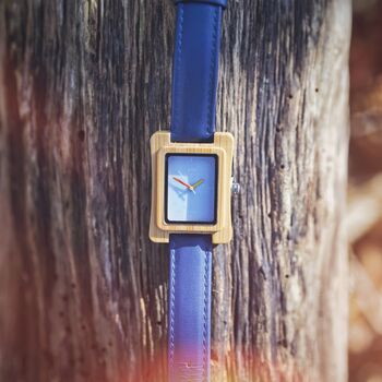 Coral Blue Face Bamboo Watch With Leather Strap, 2 of 7