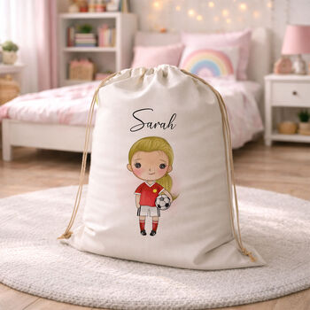 Personalised Girls Football Theme Laundry Sack, Dressing Up Storage Bag, 4 of 4