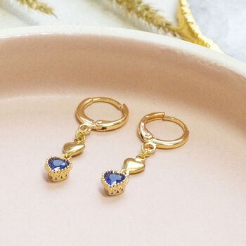 Double Heart Sapphire Birthstone Earrings, 7 of 9