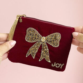 Personalised Velvet Beaded Bow Pouch With Initial Charm, 3 of 4