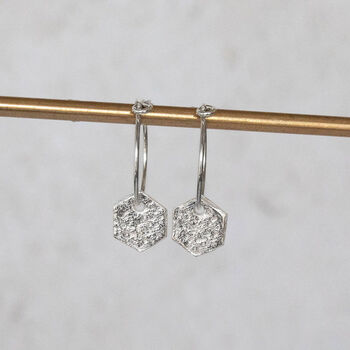 Sterling Silver Textured Hexagon Charm Hoops, 4 of 8