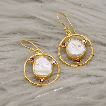 Pearl, Rhodolite Garnet Gold Earrings, 2 of 4