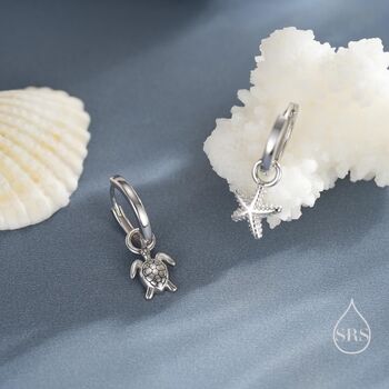 Sterling Silver Mismatched Sea Turtle And Starfish Huggie Hoops, 8 of 12