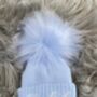 Embroidered Blue Single Pom Pom Knitted Baby Hat, thumbnail 3 of 6