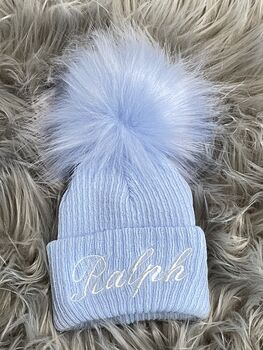 Embroidered Blue Single Pom Pom Knitted Baby Hat, 3 of 6