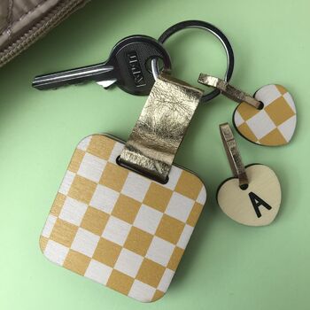 Personalised Yellow Checkered Print Wooden Keyring, 2 of 5