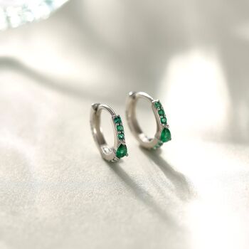 Sterling Silver Dainty Green Cz Huggie Hoop Earrings, 4 of 12