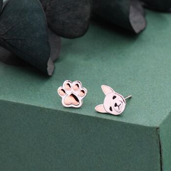 Mismatched French Bulldog And Paw Print Stud Earrings In Sterling Silver, 4 of 12