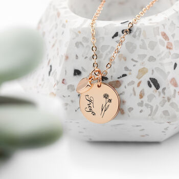 Personalised Birth Flower Heart And Disc Necklace, 10 of 12