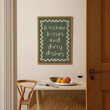 Kitchen Kisses And Dirty Dishes Wall Print | Cream And Olive Green, 2 of 3