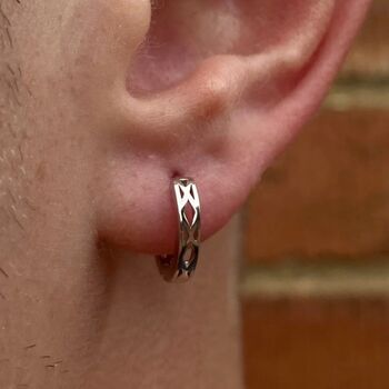 Sterling Silver Patterned Huggie Hoop Earring For Men, 5 of 10