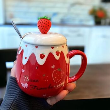 Strawberry Desert And Drink Mug With Lid And Spoon, 4 of 10