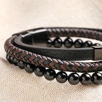 Personalised Onyx Bead Leather Triple Layered Bracelet, 4 of 8