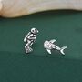 Mismatched Scuba Diver And Whale Shark Stud Earrings In Sterling Silver, thumbnail 1 of 12