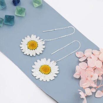 Real Daisy Flower Threader Earrings In Sterling Silver, 5 of 11