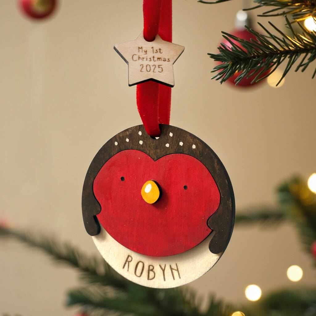 Personalised Wooden Robin Christmas Decoration – My First Christmas Bauble, 1 of 9