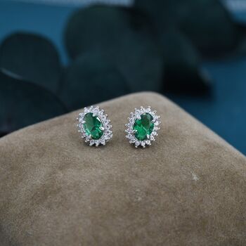 Emerald Green Oval Cz Stud Earrings In Sterling Silver, 3 of 11