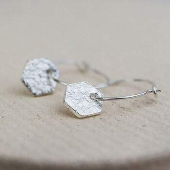 Sterling Silver Textured Hexagon Charm Hoops, 2 of 8