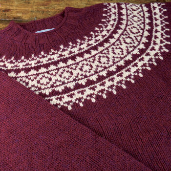 T Lab Allaster Burgundy Red Fair Isle Lambswool Jumper, 3 of 7
