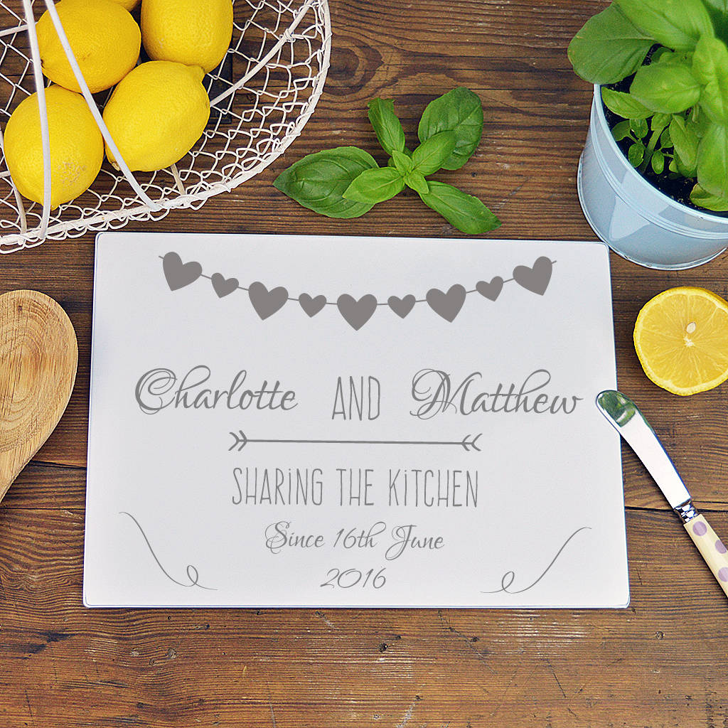 Personalised 'Sharing The Kitchen' Glass Chopping Board By Andrea Fays