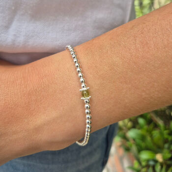 Sterling Silver Single Peridot August Bead Birthstone Stretch Bracelet Gift, 2 of 6