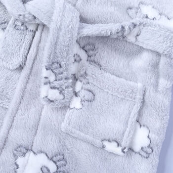 Personalised Grey Hooded Baby Bathrobe With Lambs, 4 of 5