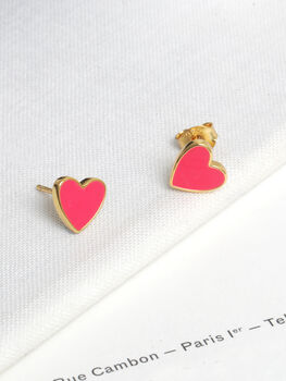 18 K Gold Vermeil Pink Enamel Love Heart Stud Earrings, 3 of 9