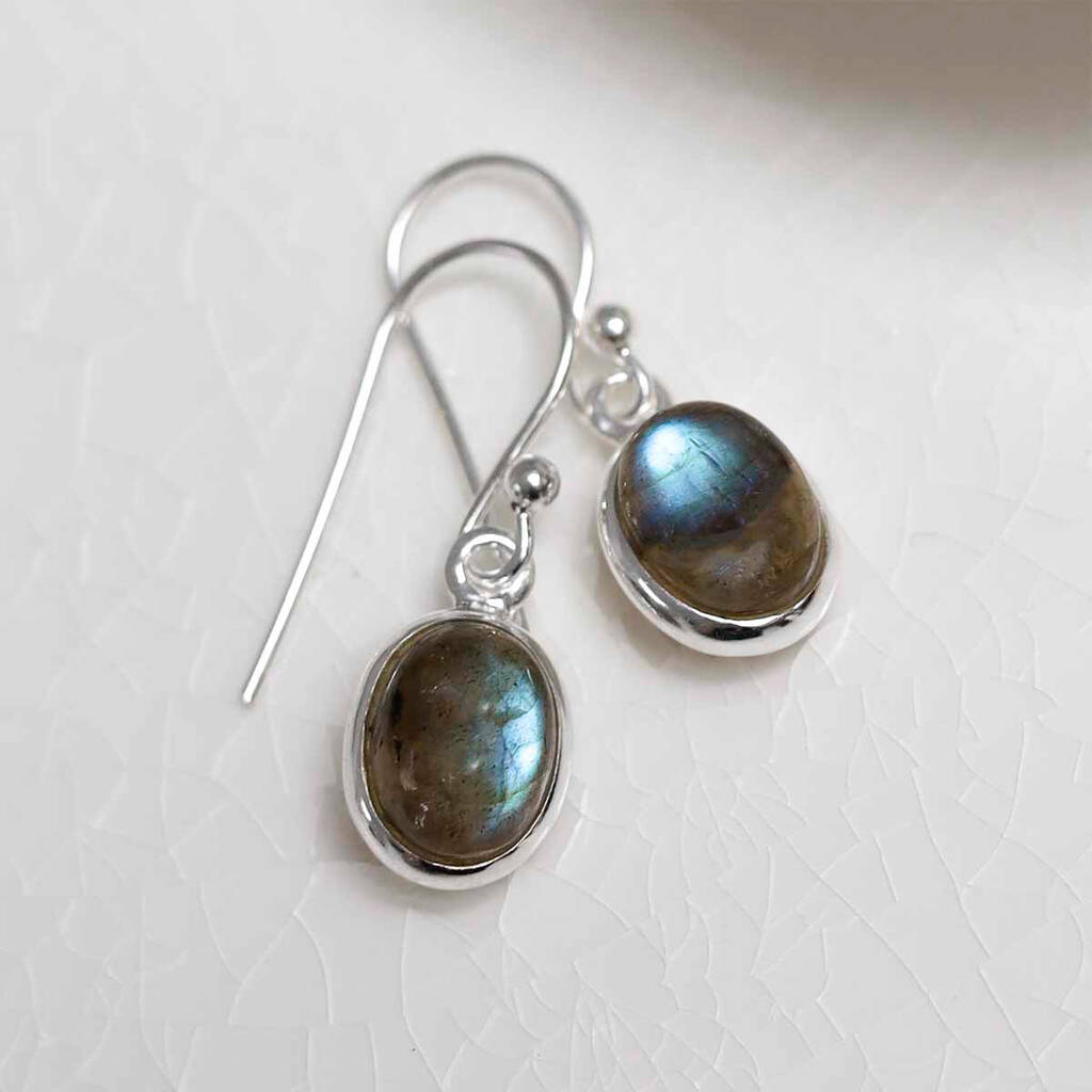 Sterling Silver Dangly Labradorite Oval Earrings, 1 of 4