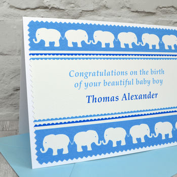 'Elephants' Baby Boy Personalised New Baby Card, 2 of 2