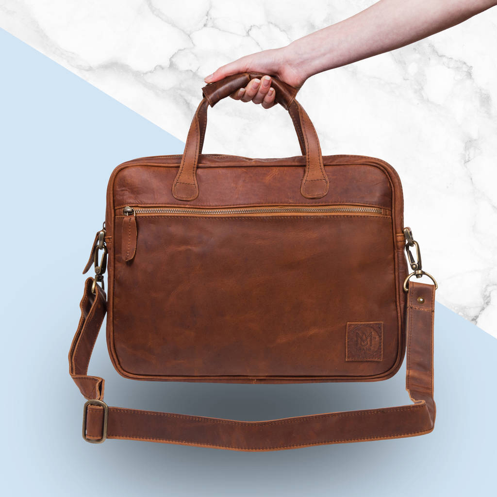 personalised leather compact laptop satchel by mahi leather