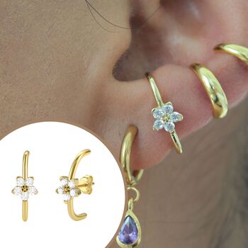Gold Plated 925 Sterling Silver Flower Ear Climber Cuff, 8 of 9