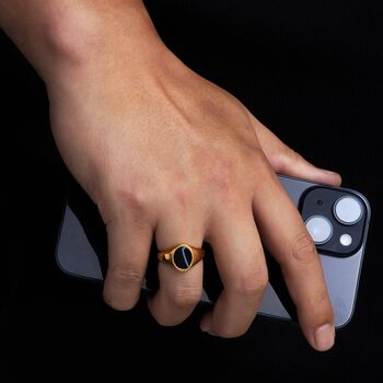 Men's Silver White Line Onyx Oval Gemstone Signet Ring, 4 of 8