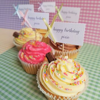 Set Of 10 Personalised Birthday Rainbow Cupcake Toppers, 3 of 5