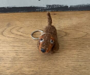 Needle Felted Handmade Tiny Dachshund Keyring/Black And Tan/Chocolate And Tan/Red, 8 of 12