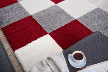 The Rugs Geometric Shaggy Rug Red Checkered Rug, 6 of 12