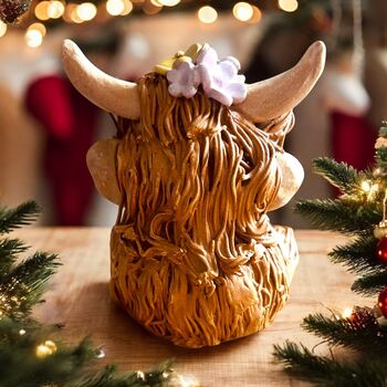 Handmade Highland Cow With Flowers Medium Sculpture Ornament, 4 of 5