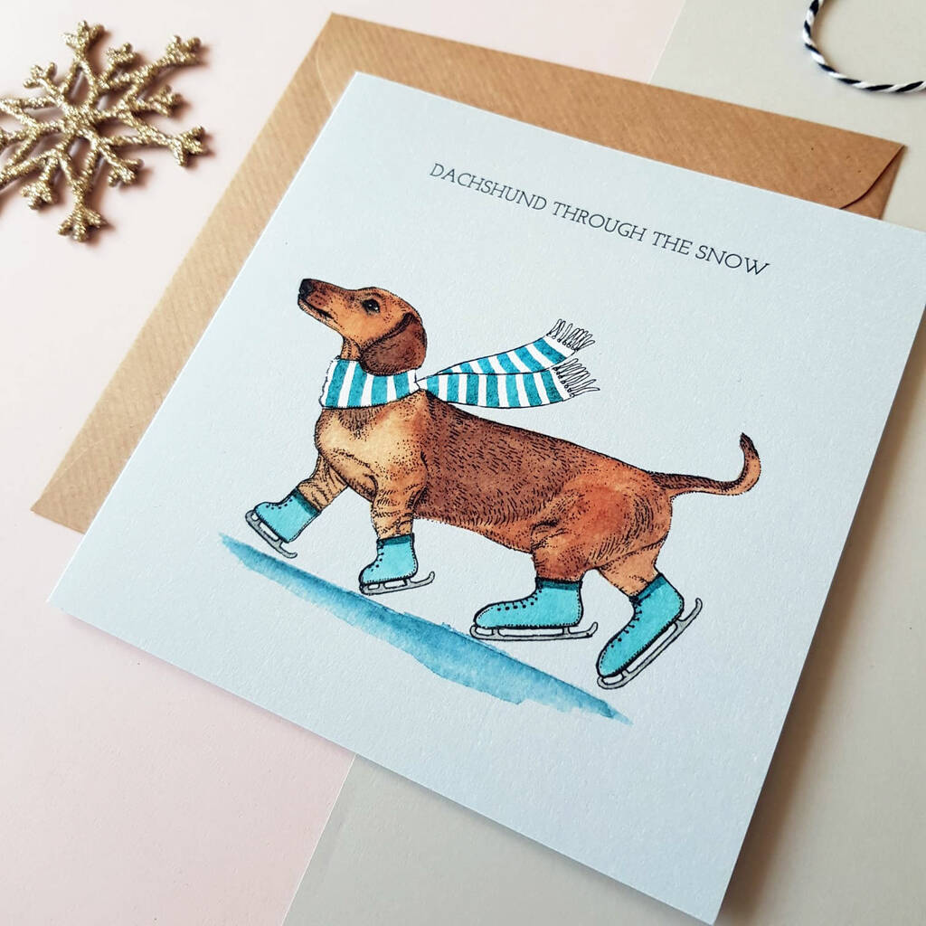 'dachshund through the snow' christmas card by amelia illustration