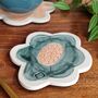 Handmade Flower Shaped Ceramic Coasters In Orange And Green, thumbnail 3 of 7