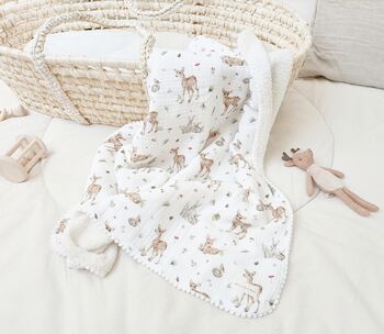 Woodland Deer Baby Comforter Made With Organic Muslin And Soft Sherpa Fleece, Acorn And Fawn Comfort Blanket, 3 of 12