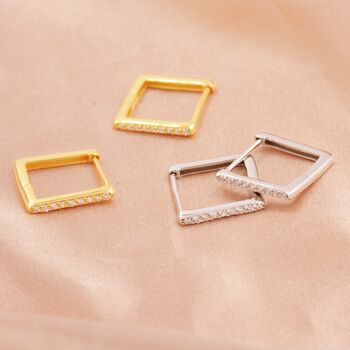 Sterling Silver Minimalist Cz Pave Square Huggie Hoop, 3 of 12