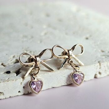 Bow Earrings With Pink Heart Charm, 2 of 4