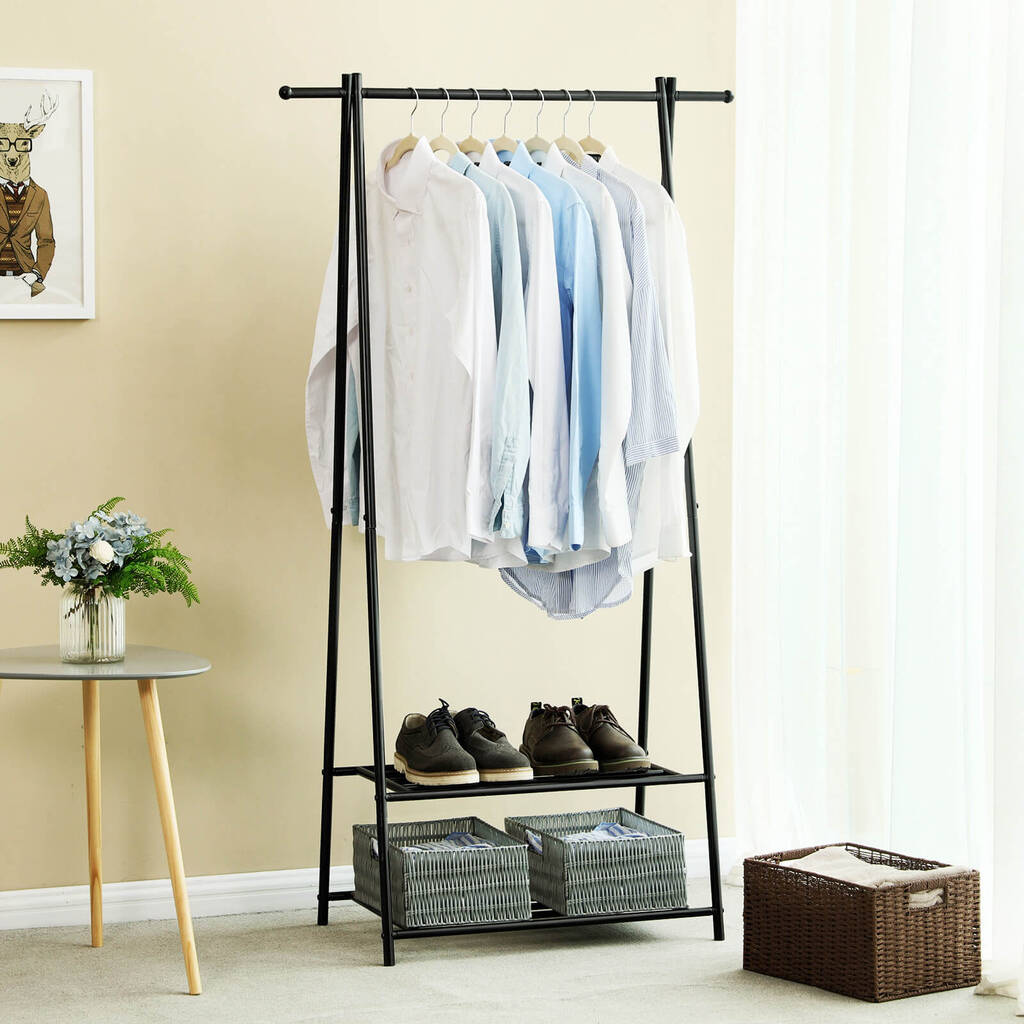 Two Tier Black Storage Shelf Clothes Coat Rack Stand, 1 of 6