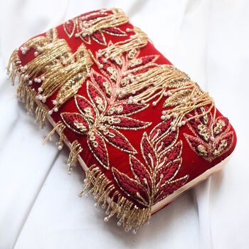 Autumn Leaves – Red Velvet Embroidered Tassel Clutch, 3 of 3
