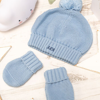 Baby Boy Personalised Bobble Hat And Mittens Gift Set, 10 of 12